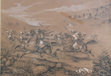 E. BAILLY (XIXe siècle) Scène de bataille orientale Encre et rehauts de gouache blanche. Signée en bas à droite et datée 47.