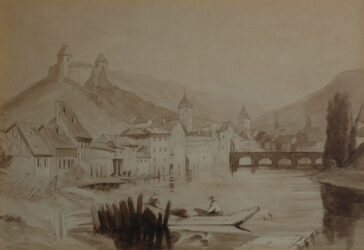 École française du XIXe siècle Village au bord de la rivière Lavis d'encre et crayon noir.