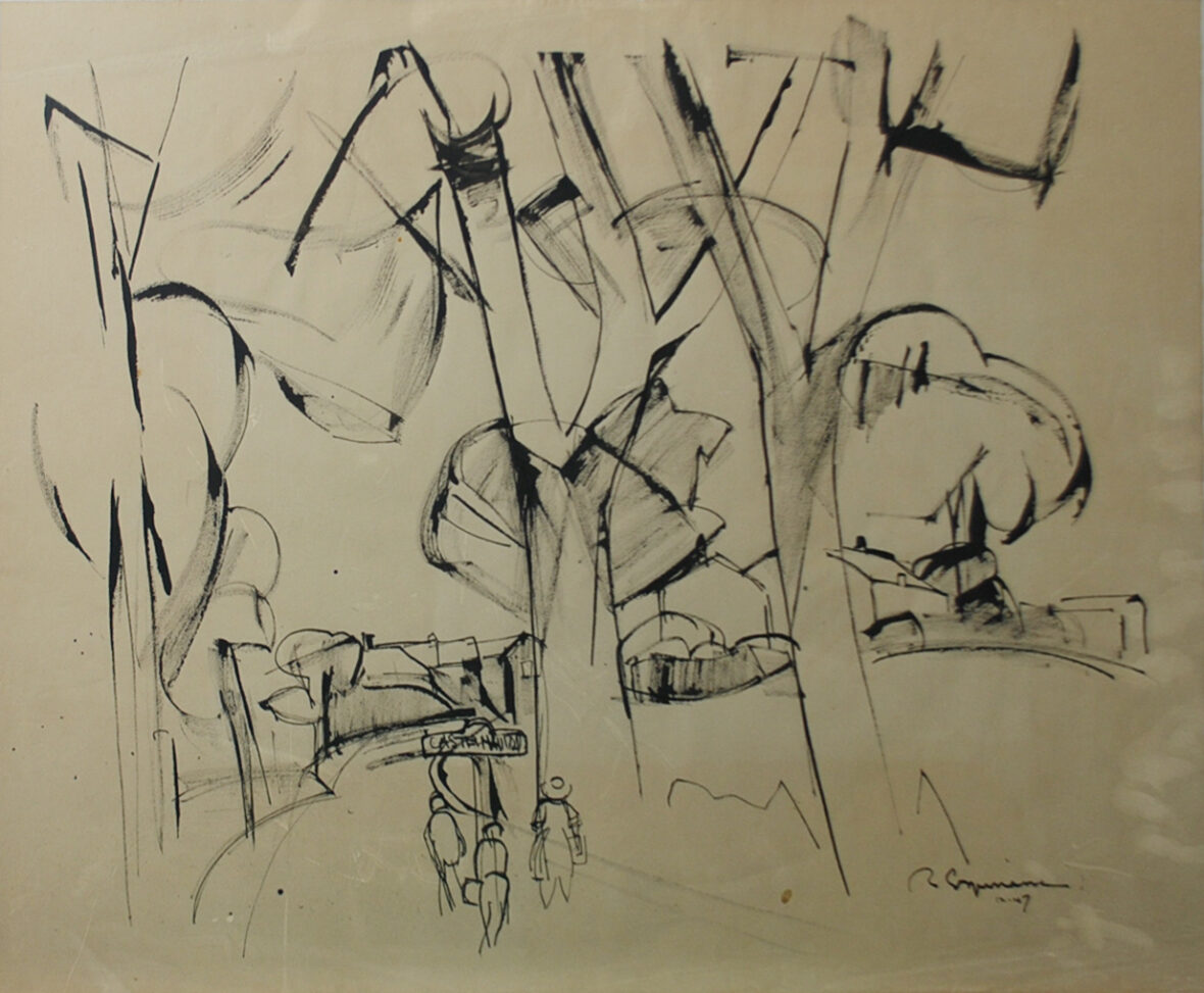 Raymond ESPINASSE (1897-1985) L'Entrée de Castelnaudary Encre sur papier. Signée en bas à droite.