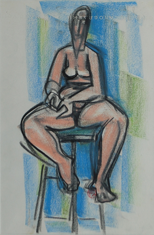 Raymond ESPINASSE (1897-1985) Nu féminin sur un tabouret. Pastel sur papier. Tampon d'atelier en bas au centre.