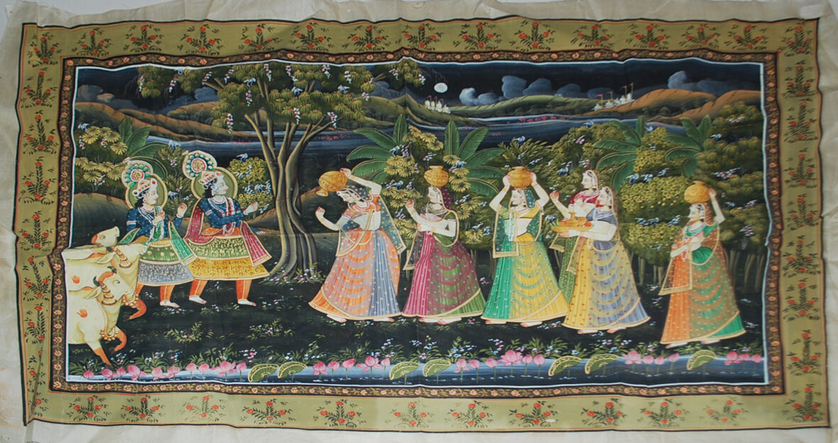 INDE - Tissu à décor peint d'une scène animée.