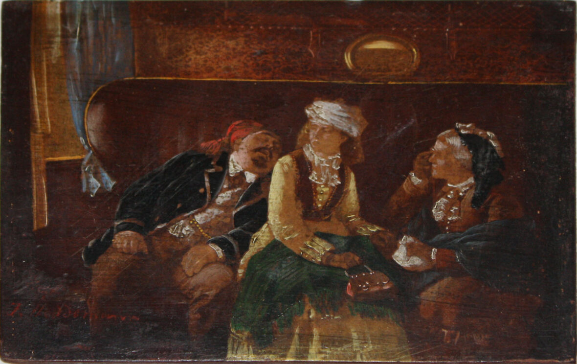Friedrich HIDDEMANN (1829-1892) Scène de genre dans le Trans-Europe Express. Photographie contrecollée sur panneau de bois et rehaussée d’huile et gouache. Signée en bas à gauche. Tampon du studio en bas à droite (illisible).