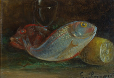 École française de la fin du XIXe siècle Nature morte aux poissons Huile sur carton. Signée en bas à droite.