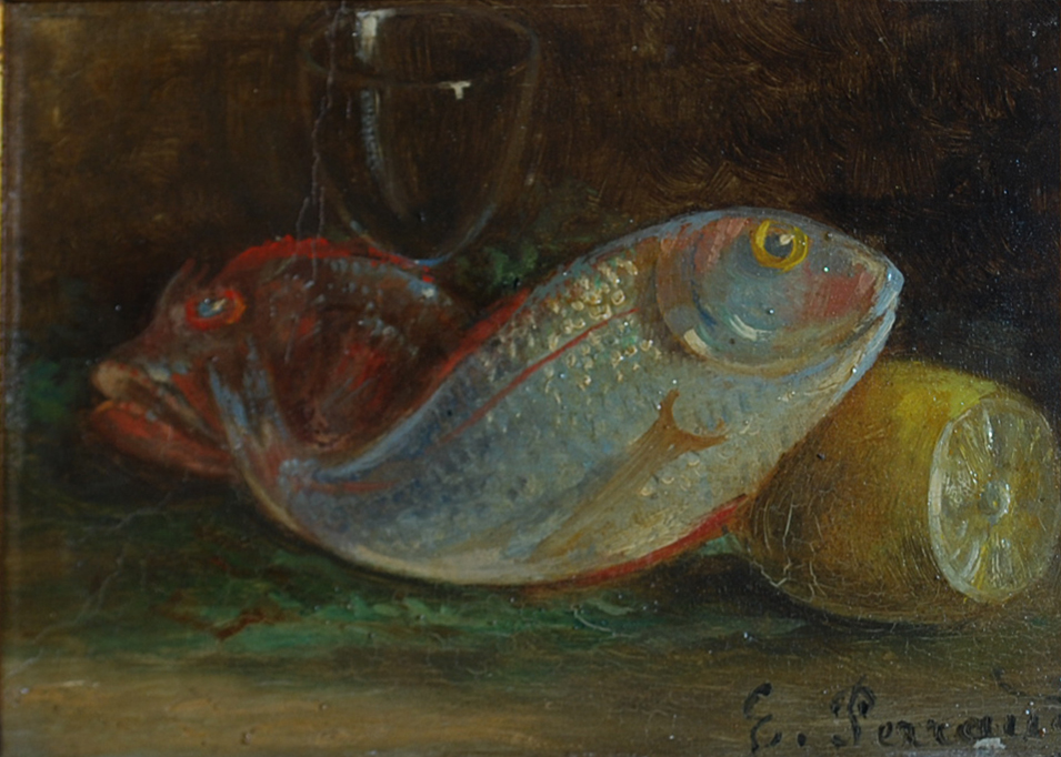 École française de la fin du XIXe siècle Nature morte aux poissons Huile sur carton. Signée en bas à droite.