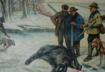Roger SERPANTIE (1891-1974) La mort du sanglier. Huile sur toile. Signé en bas à gauche.