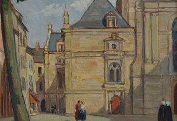 École du XXe siècle La Place de l’église Huile sur isorel.