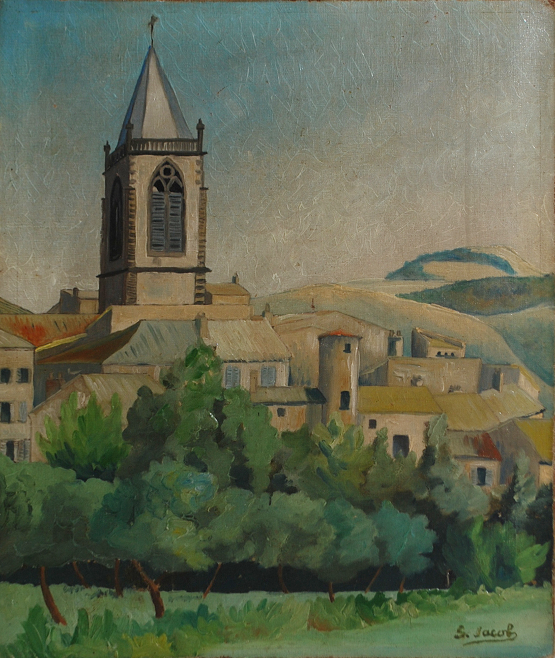 S. JACOB (XXe) Vue du clocher Huile sur toile. Signée en bas à droite.
