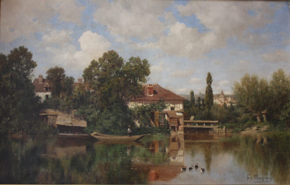 Claude François de MESGRIGNY (1836-1884) Paysage à la rivière Huile sur toile. Signée en bas à droite.