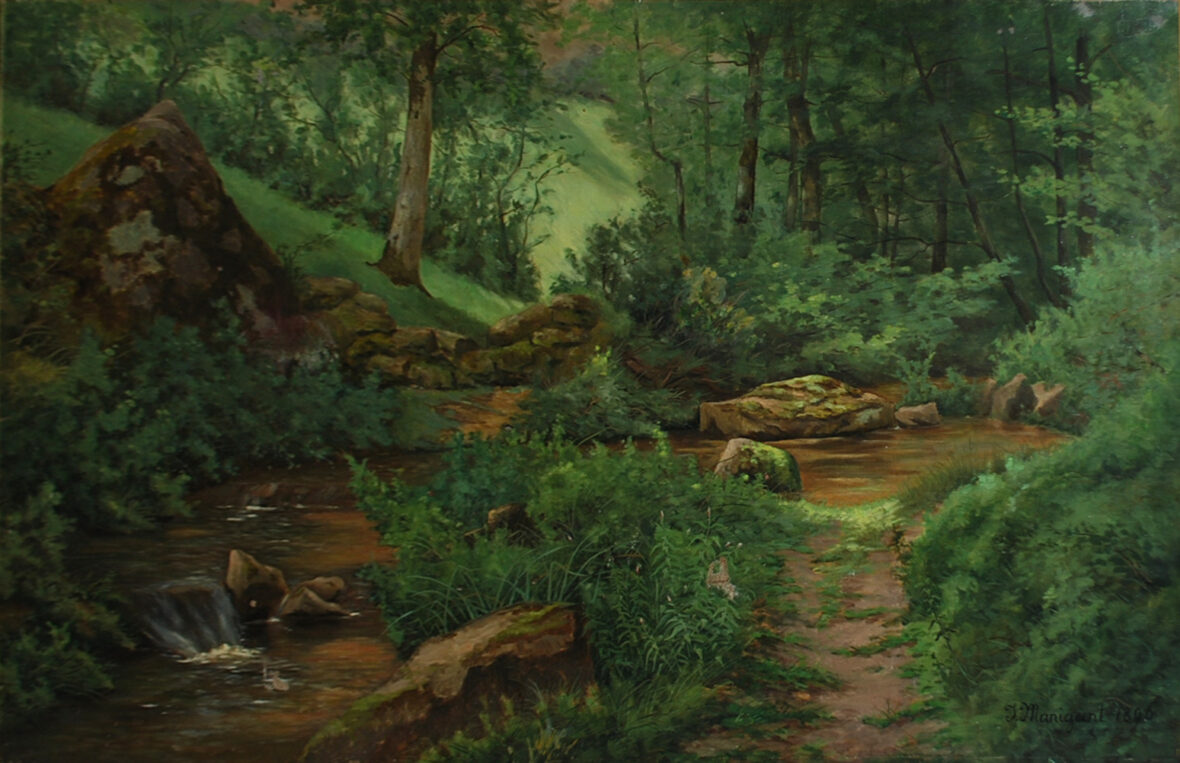 J. MANIGANT (XIXe-XXe) Ruisseau en forêt Huile sur toile. Signée en bas à droite et datée 1896.