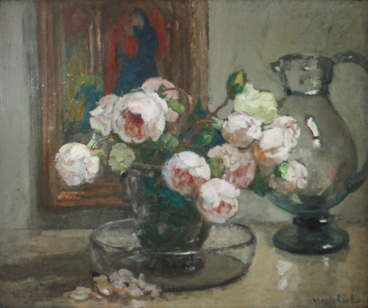 Marie Marguerite RÉOL (1880-1963) Roses et cristaux Huile sur papier. Signée et datée 1929 en bas à droite.