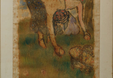 Georges MANZANA-PISSARRO (1871-1961) Femmes ramassant des fruits Gravure en couleur. Signée en bas à gauche dans la planche. (Mouillures).