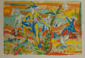 Jean CHARNOTET (1930-1978) Arlequins Gravure en couleur. Épreuve d’artiste contresignée en bas à droite. (Mouillures). 44,5 x 59,5 cm