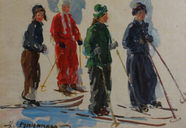 Nickolai Vasilyevitch OVCHINIKOV (1918-2004) Les Skieurs Huile sur papier. Signée en bas à droite.