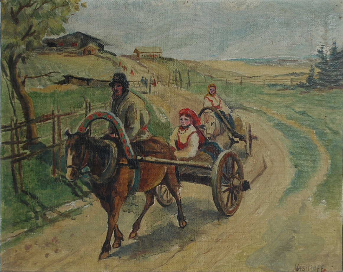 Nikolaj Ivanovic VASILEV (1892-1970) Paysans dans une charrette Huile sur toile. Signée en bas à droite.