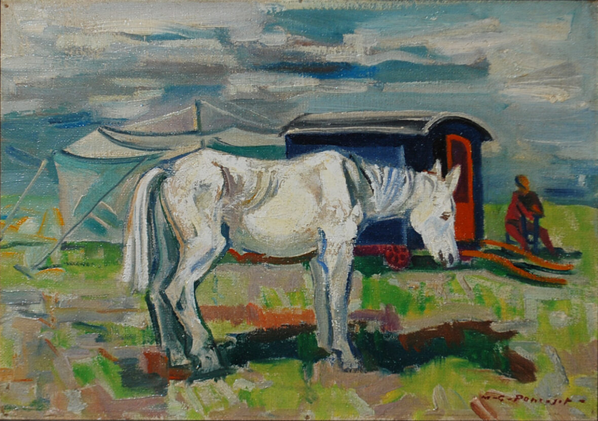 Maurice Georges PONCELET (1897-1978) Cheval blanc devant la roulotte Huile sur toile. Signée en bas à droite. (Accidents).
