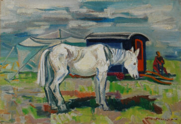 Maurice Georges PONCELET (1897-1978) Cheval blanc devant la roulotte Huile sur toile. Signée en bas à droite. (Accidents).