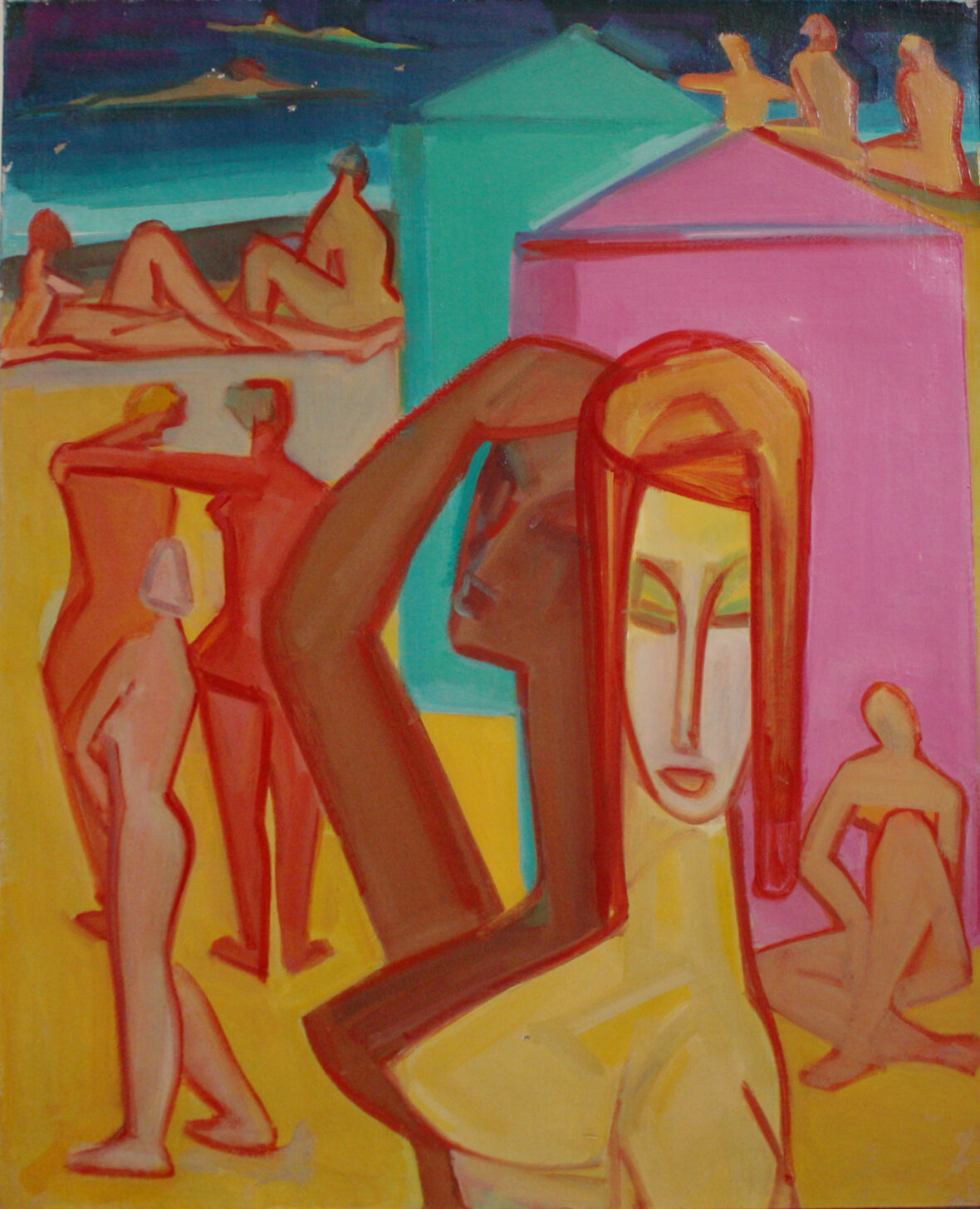 Raymond ESPINASSE (1897-1985) Femmes sur la plage Huile sur toile. Cachet d'atelier au dos. (Légers accidents).