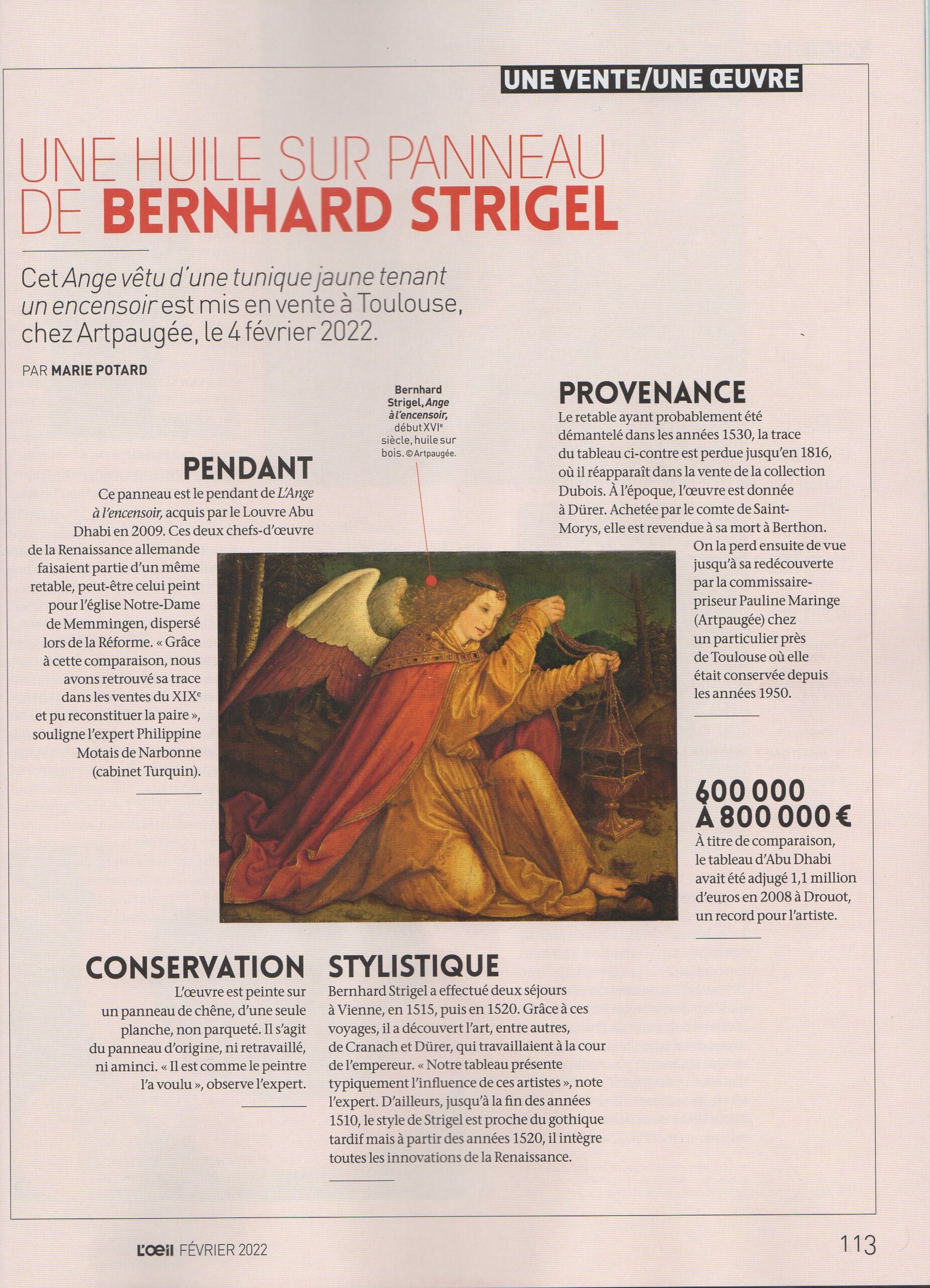 « Une vente / Une oeuvre : Une huile sur panneau de Bernhard Strigel », Février 2022