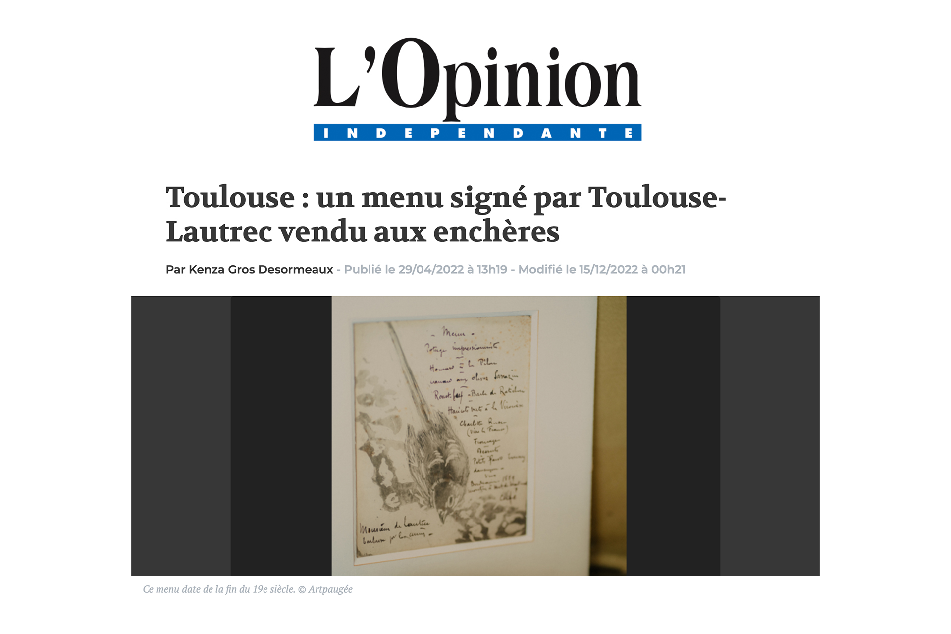 « Toulouse : un menu signé par Toulouse-Lautrec vendu aux enchères », 29 avril 2022
