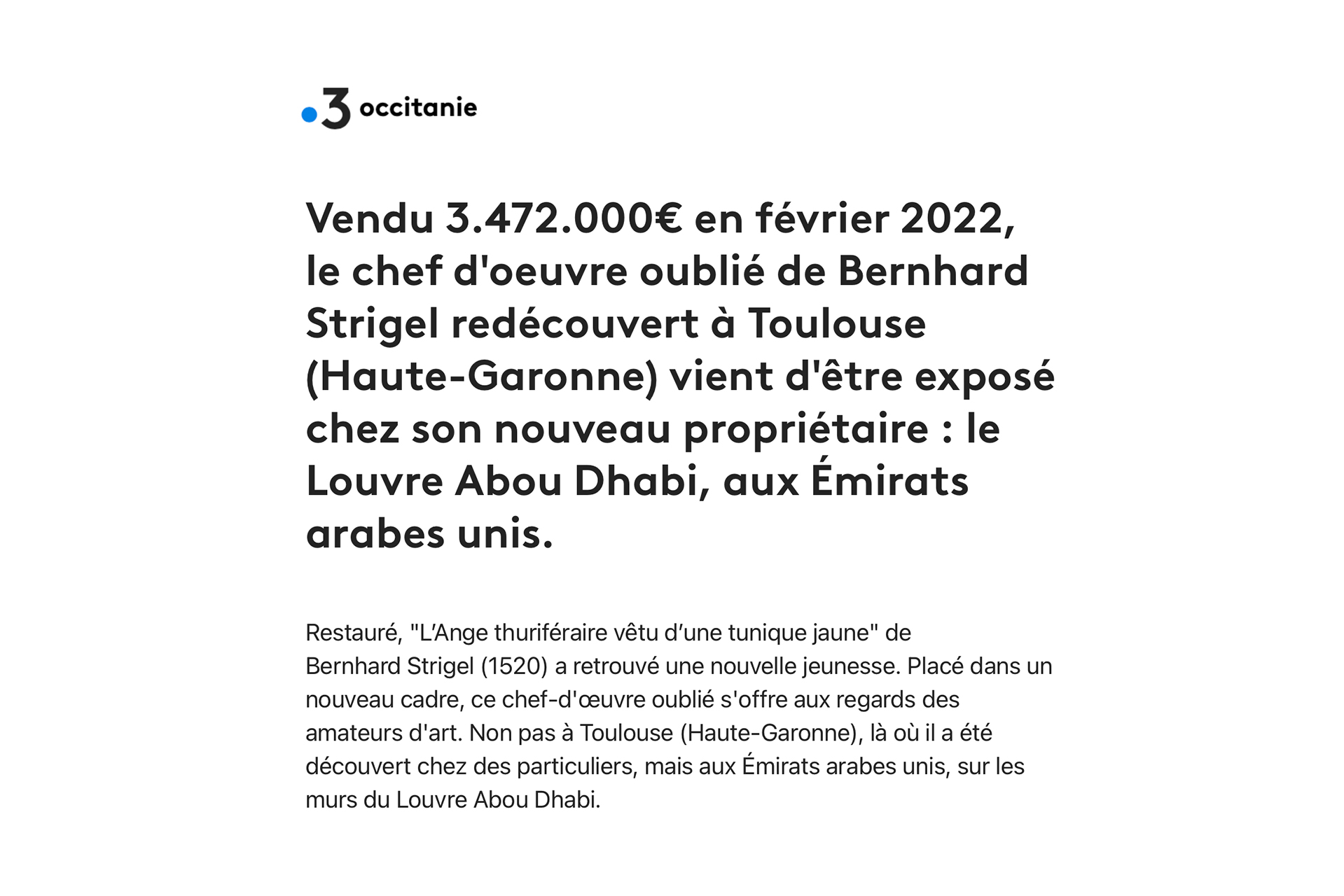 « Toulouse : le chef d’œuvre oublié réapparaît au Louvre Abou Dhabi », 3 janvier 2023