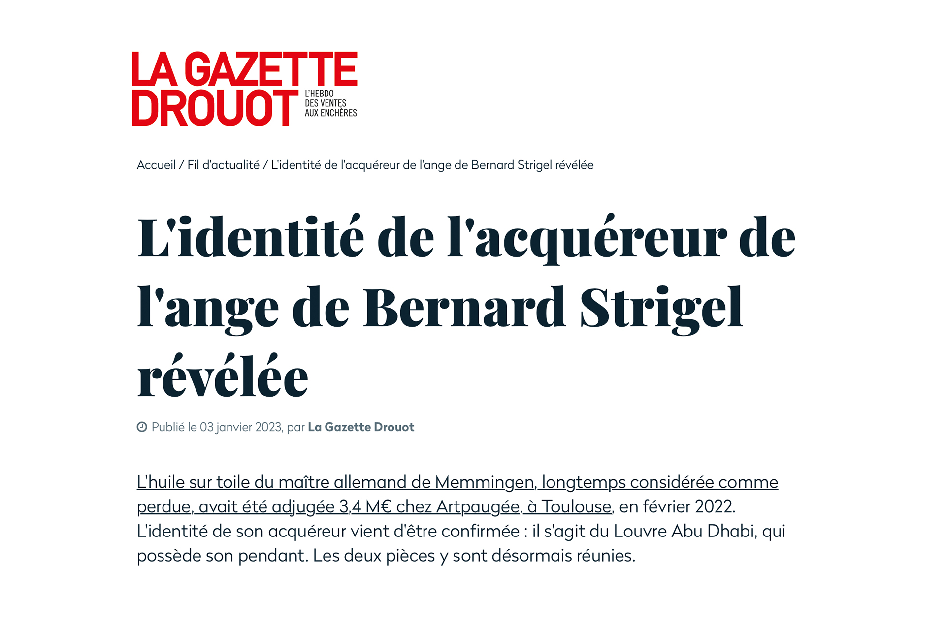 « L’identité de l’acquéreur de l’ange de Bernard Strigel révélée », 3 janvier 2023