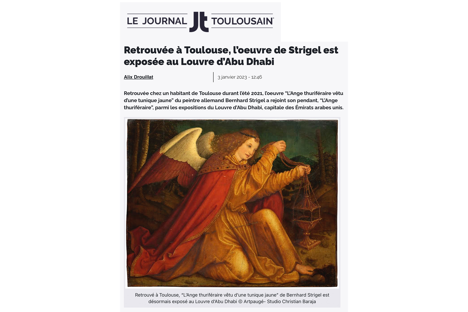 « Retrouvée à Toulouse, l’œuvre de Strigel est exposée au Louvre d’Abu Dhabi », 3 janvier 2023