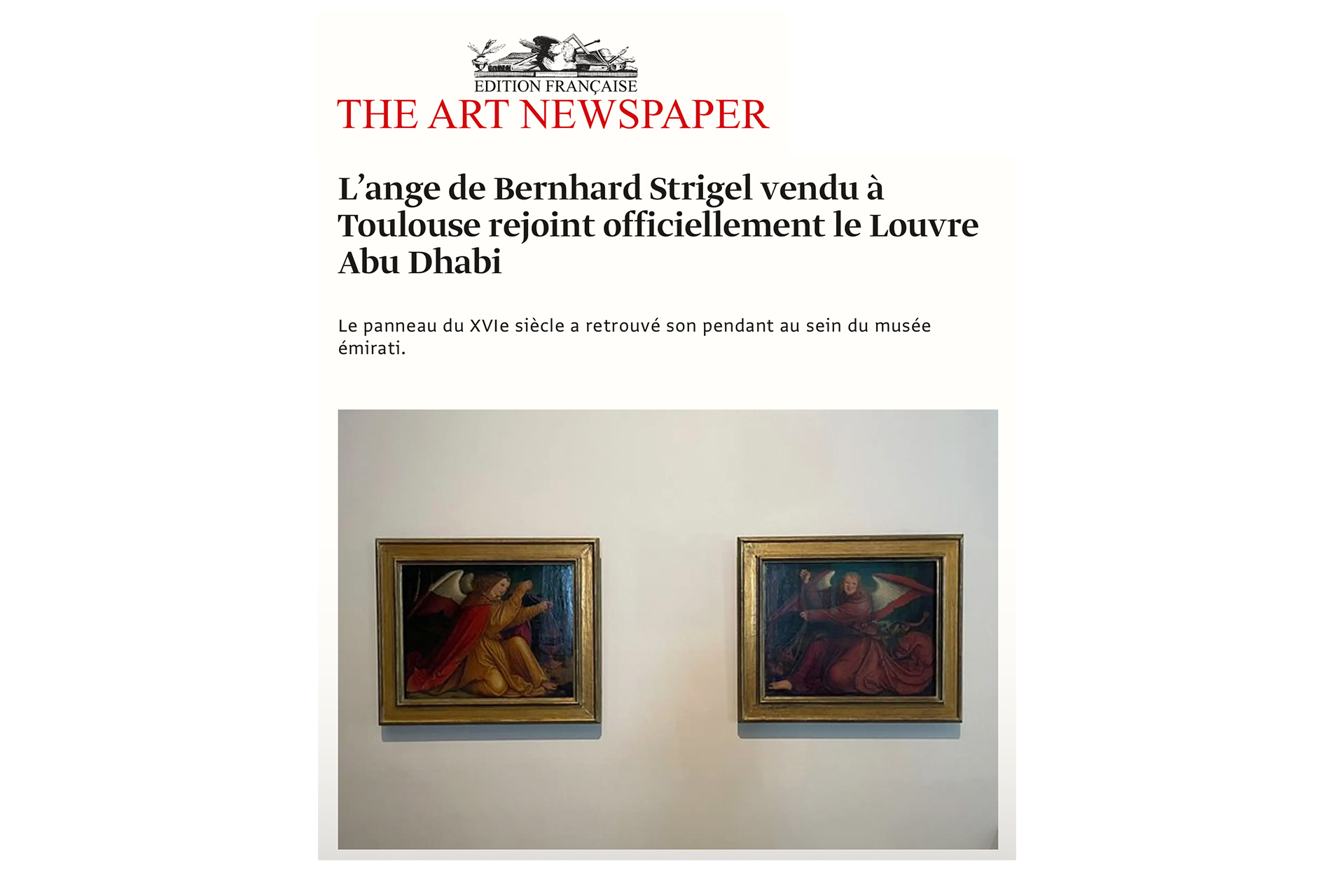 « L’ange de Bernhard Strigel vendu à Toulouse rejoint officiellement le Louvre Abu Dhabi », 4 janvier 2023