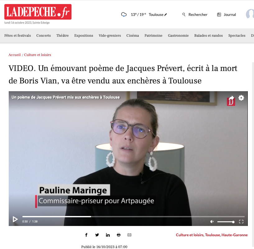 « VIDEO. Un émouvant poème de Jacques Prévert, écrit à la mort de Boris Vian, va être vendu aux enchères »