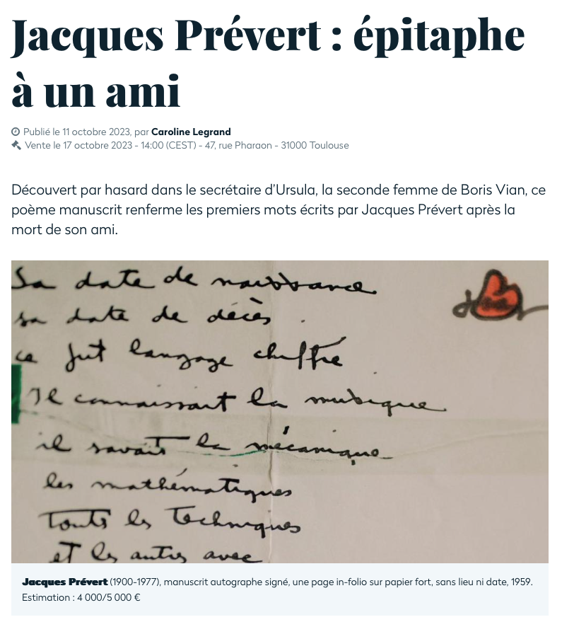 « Jacques Prévert : épitaphe à un ami »