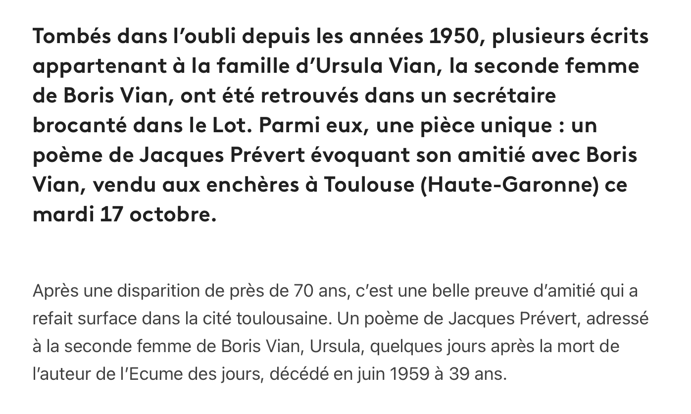 « Il savait trop vivre » un poème de Jacques Prévert dédié à Boris Vian disparu depuis 70 ans vendu aux enchères »